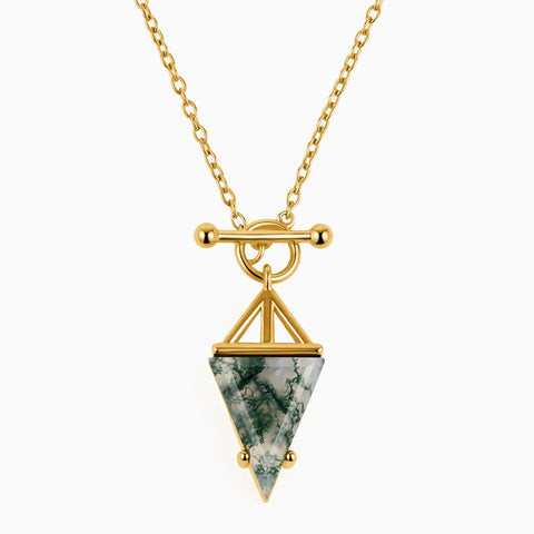 Triangle Moss Agate Toggle Clasp Necklace - Pendulum 18KT Yellow Gold Vermeil Front View