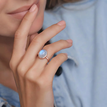 18k Rose Gold Large Cabochon Moonstone Ring Bold Serenity Model Shot