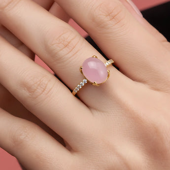 18k Yellow Gold Morganite Cabochon Ring Minimal Spiritual Model Shot