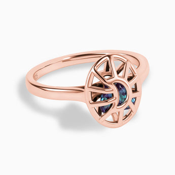 18KT Rose Gold Vermeil Alexandrite Crescent Moon Hollow Oval Shaker Ring - Soul Cage Angled Front View