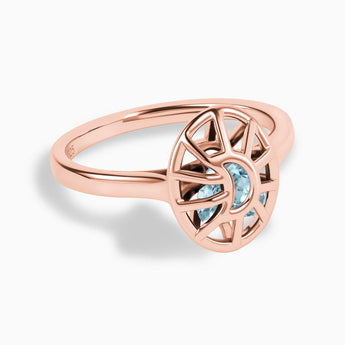 18KT Rose Gold Vermeil Aquamarine Crescent Moon Hollow Oval Shaker Ring - Soul Cage Angled Front View