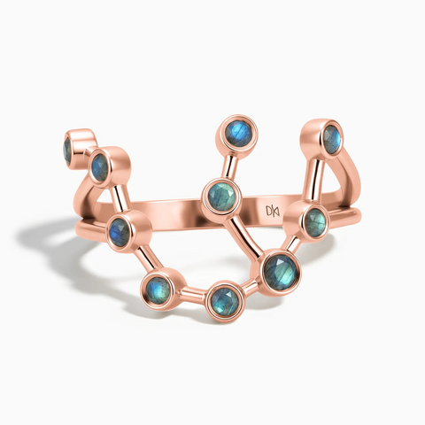 18KT Rose Gold Vermeil Aquarius Zodiac Constellation Ring - Labradorite Front View