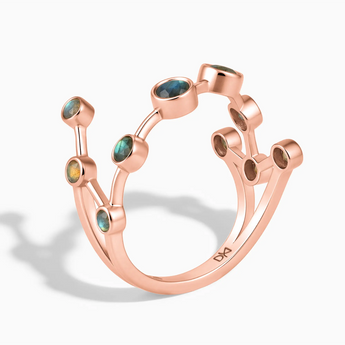 18KT Rose Gold Vermeil Aquarius Zodiac Constellation Ring - Labradorite Side View