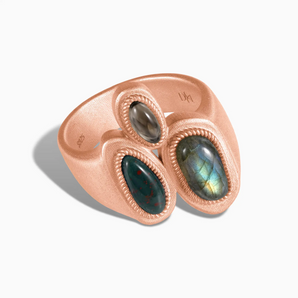 18KT Rose Gold Vermeil Asymmetrical Labradorite & Bloodstone Vintage Ring - Archipelago Front View