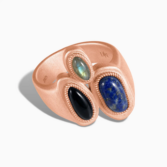 18KT Rose Gold Vermeil Asymmetrical Lapis Lazuli & Black Onyx Vintage Ring - Archipelago Front View