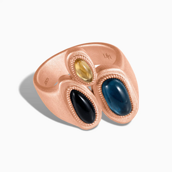 18KT Rose Gold Vermeil Asymmetrical London Blue Topaz & Black Onyx Vintage Ring - Archipelago Front View