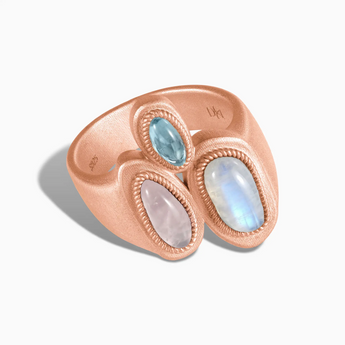 18KT Rose Gold Vermeil Asymmetrical Moonstone & Rose Quartz Vintage Ring - Archipelago Front View