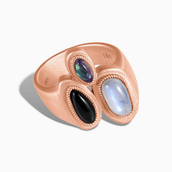 18KT Rose Gold Vermeil Asymmetrical Moonstone & Black Onyx Vintage Ring - Archipelago Front View