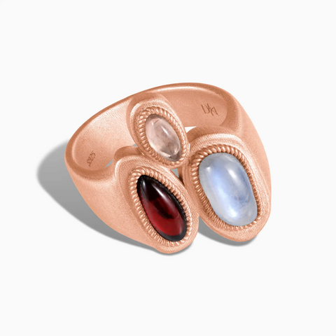 18KT Rose Gold Vermeil Asymmetrical Moonstone & Ruby Vintage Ring - Archipelago Front View