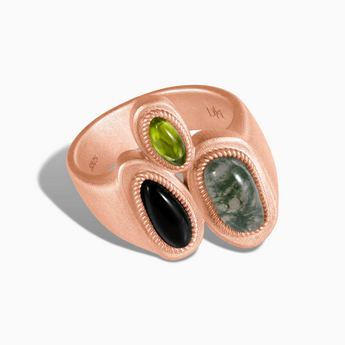 18KT Rose Gold Vermeil Asymmetrical Moss Agate & Black Onyx Vintage Ring - Archipelago Front View