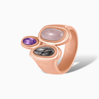 18KT Rose Gold Vermeil Asymmetrical Rose Quartz & Black Rutilated Quartz Vintage Ring - Archipelago Side View