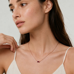18KT Rose Gold Vermeil Baguette Garnet Bezel Necklace - Axiom Model Shot