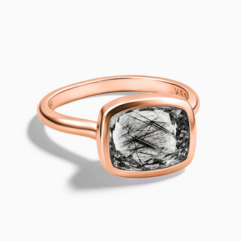 18KT Rose Gold Vermeil Black Rutilated Quartz Cushion Ring - Pure Hush Front View