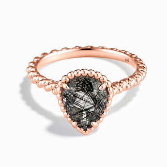 18KT Rose Gold Vermeil Black Rutilated Quartz Pear Ring - Still Light Front View