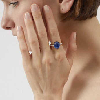 18KT Rose Gold Vermeil Blue Sapphire Cabochon Ring - Minimal Spiritual Model Shot