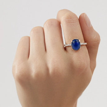 18KT Rose Gold Vermeil Blue Sapphire Cabochon Ring - Minimal Spiritual Worn View