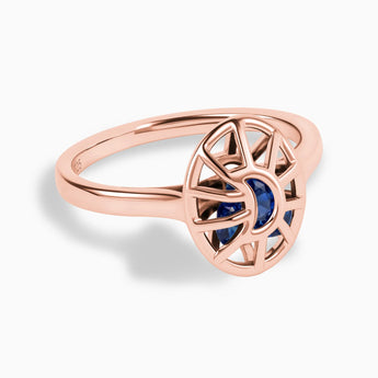 18KT Rose Gold Vermeil Blue Sapphire Crescent Moon Hollow Oval Shaker Ring - Soul Cage Angled Front View