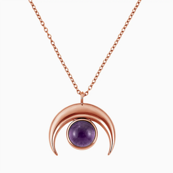 18KT Rose Gold Vermeil Cabochon Amethyst Crescent Moon Necklace - Lunar Halo Front View