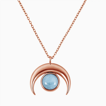 18KT Rose Gold Vermeil Cabochon Aquamarine Crescent Moon Necklace - Lunar Halo Front View
