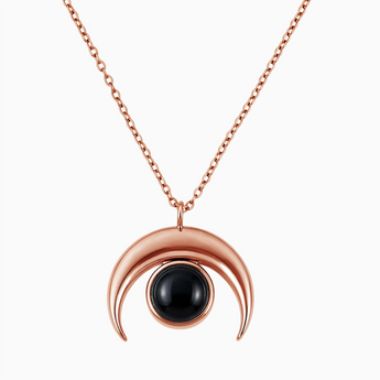 18KT Rose Gold Vermeil Cabochon Black Onyx Crescent Moon Necklace - Lunar Halo Front View