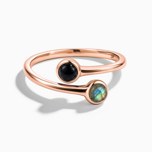 18KT Rose Gold Vermeil Cabochon Black Onyx & Labradorite Ring - Twins Collection Front View