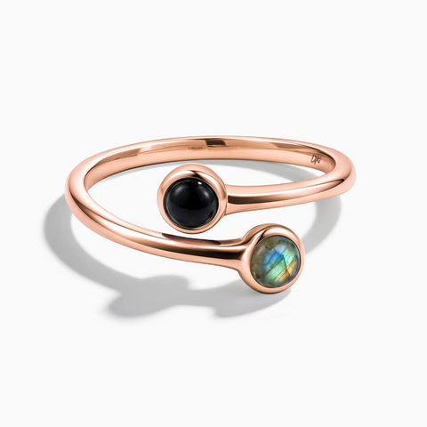 18KT Rose Gold Vermeil Cabochon Black Onyx & Labradorite Ring - Twins Collection Front View
