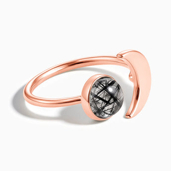 18KT Rose Gold Vermeil Cabochon Black Rutilated Quartz Crescent Open Ring - Cosmic Path Front View