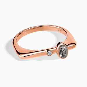 18KT Rose Gold Vermeil Cabochon Black Rutilated Quartz Puzzle Stacking Ring - Minimal Bubble Front View