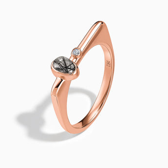 18KT Rose Gold Vermeil Cabochon Black Rutilated Quartz Puzzle Stacking Ring - Minimal Bubble Side View