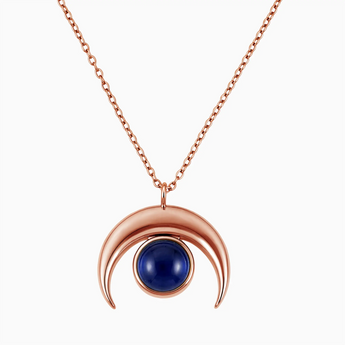 18KT Rose Gold Vermeil Cabochon Blue Sapphire Crescent Moon Necklace - Lunar Halo Front View