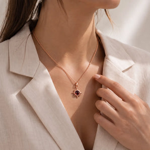 18KT Rose Gold Vermeil Cabochon Garnet Radiant Necklace - Sunburst Model Shot