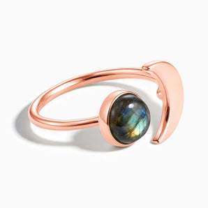 18KT Rose Gold Vermeil Cabochon Labradorite Crescent Open Ring - Cosmic Path Front View