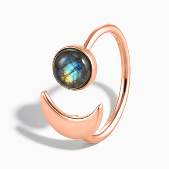 18KT Rose Gold Vermeil Cabochon Labradorite Crescent Open Ring - Cosmic Path Side View