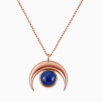 18KT Rose Gold Vermeil Cabochon Lapis Lazuli Crescent Moon Necklace - Lunar Halo Front View