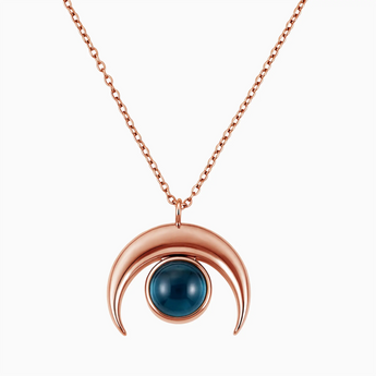 18KT Rose Gold Vermeil Cabochon London Blue Topaz Crescent Moon Necklace - Lunar Halo Front View