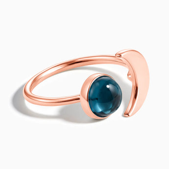 18KT Rose Gold Vermeil Cabochon London Blue Topaz Crescent Open Ring - Cosmic Path Front View