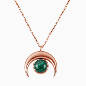 18KT Rose Gold Vermeil Cabochon Malachite Crescent Moon Necklace - Lunar Halo Front View