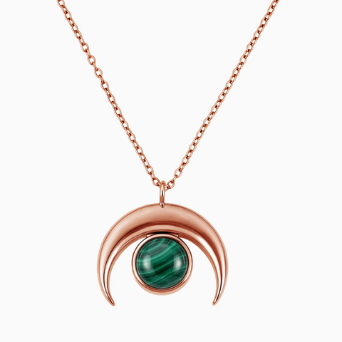 18KT Rose Gold Vermeil Cabochon Malachite Crescent Moon Necklace - Lunar Halo Front View