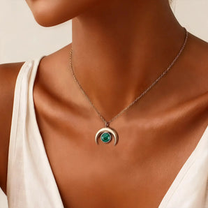 18KT Rose Gold Vermeil Cabochon Malachite Crescent Moon Necklace - Lunar Halo Worn View
