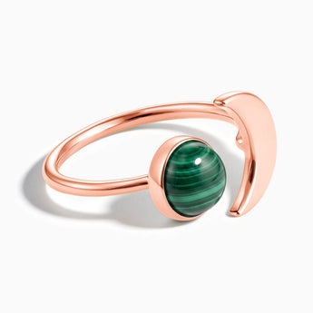 18KT Rose Gold Vermeil Cabochon Malachite Crescent Open Ring - Cosmic Path Front View