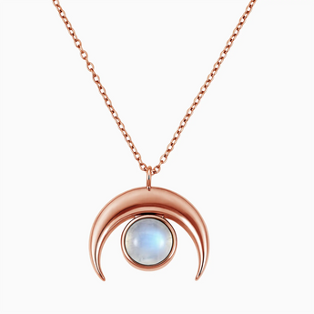 18KT Rose Gold Vermeil Cabochon Moonstone Crescent Moon Necklace - Lunar Halo Front View