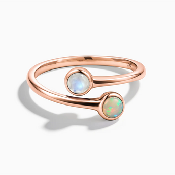 18KT Rose Gold Vermeil Cabochon Moonstone & Opal Ring - Twins Collection Front View