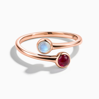 18KT Rose Gold Vermeil Cabochon Moonstone & Ruby Ring - Twins Collection Front View
