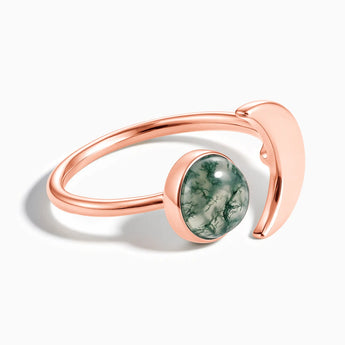 18KT Rose Gold Vermeil Cabochon Moss Agate Crescent Open Ring - Cosmic Path Front View