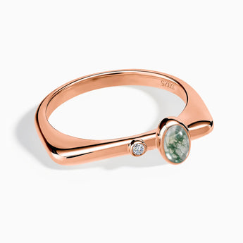 18KT Rose Gold Vermeil Cabochon Moss Agate Puzzle Stacking Ring - Minimal Bubble Front View