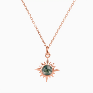 18KT Rose Gold Vermeil Cabochon Moss Agate Radiant Necklace - Sunburst Front View