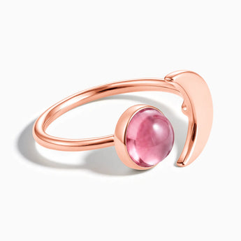 18KT Rose Gold Vermeil Cabochon Pink Tourmaline Crescent Open Ring - Cosmic Path Front View