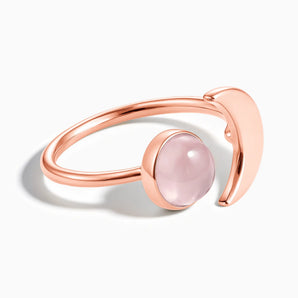 18KT Rose Gold Vermeil Cabochon Rose Quartz Crescent Open Ring - Cosmic Path Front View