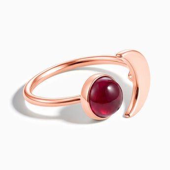 18KT Rose Gold Vermeil Cabochon Ruby Crescent Open Ring - Cosmic Path Front View