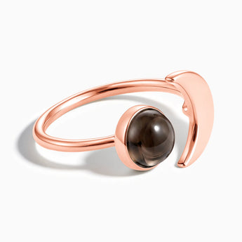 18KT Rose Gold Vermeil Cabochon Smoky Quartz Crescent Open Ring - Cosmic Path Front View